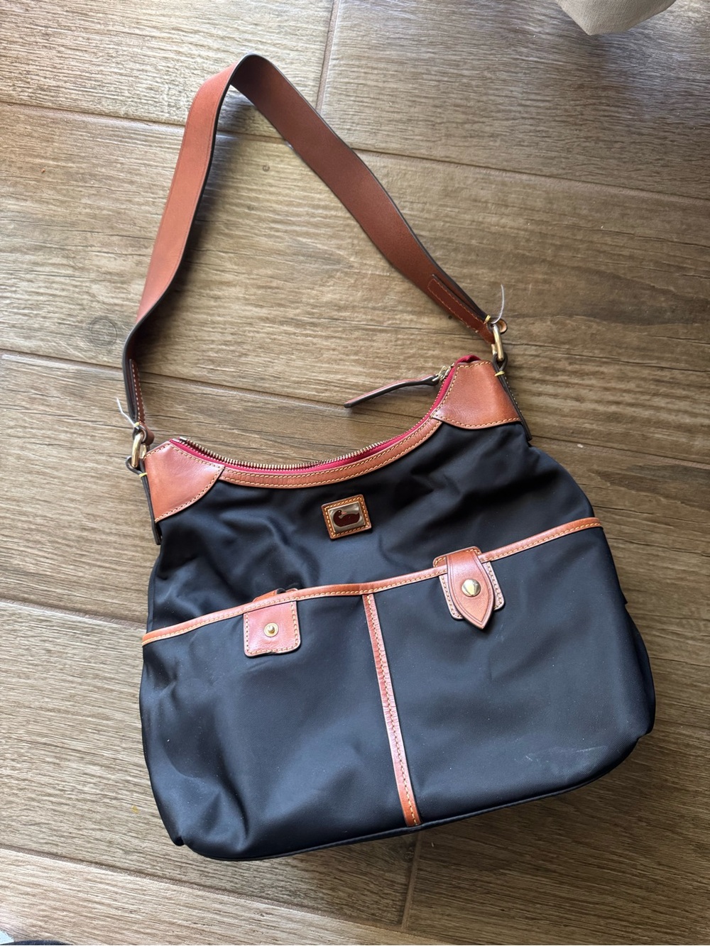 Dooney & Bourke Black Nylon Shoulder Bag with Brown Leather Trim